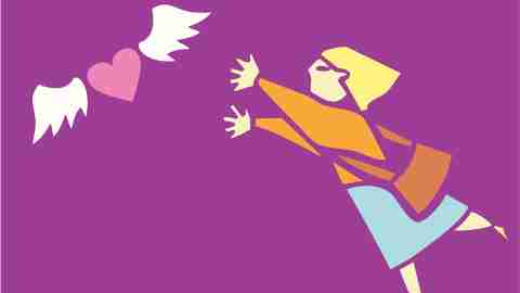 A woman chasing after a flying heart, looking for love due to ADHD relationship problems