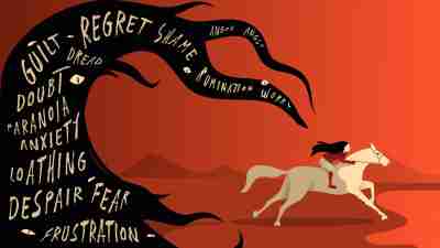 Visual metaphor for escaping negative thinking and mental health issues, including a horse rider escaping from the clutches of a monster made of negative thoughts, feelings, and emotions.