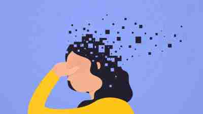 Brain damage. Woman loses part head falling apart, pixels. Concept psychological health, decreased functions mind.