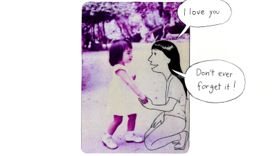 An illustration by Juliette Yu-Ming Lizeray. A simple illustration of the artist as her older self talking to her younger self, who appears photographed.